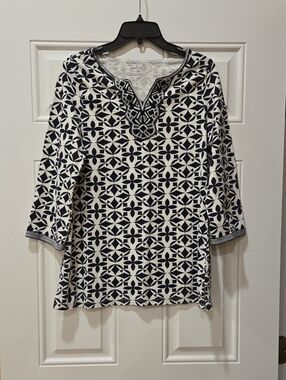 3/15$ Charter Club Women's Navy and White Geometric Tunic Top